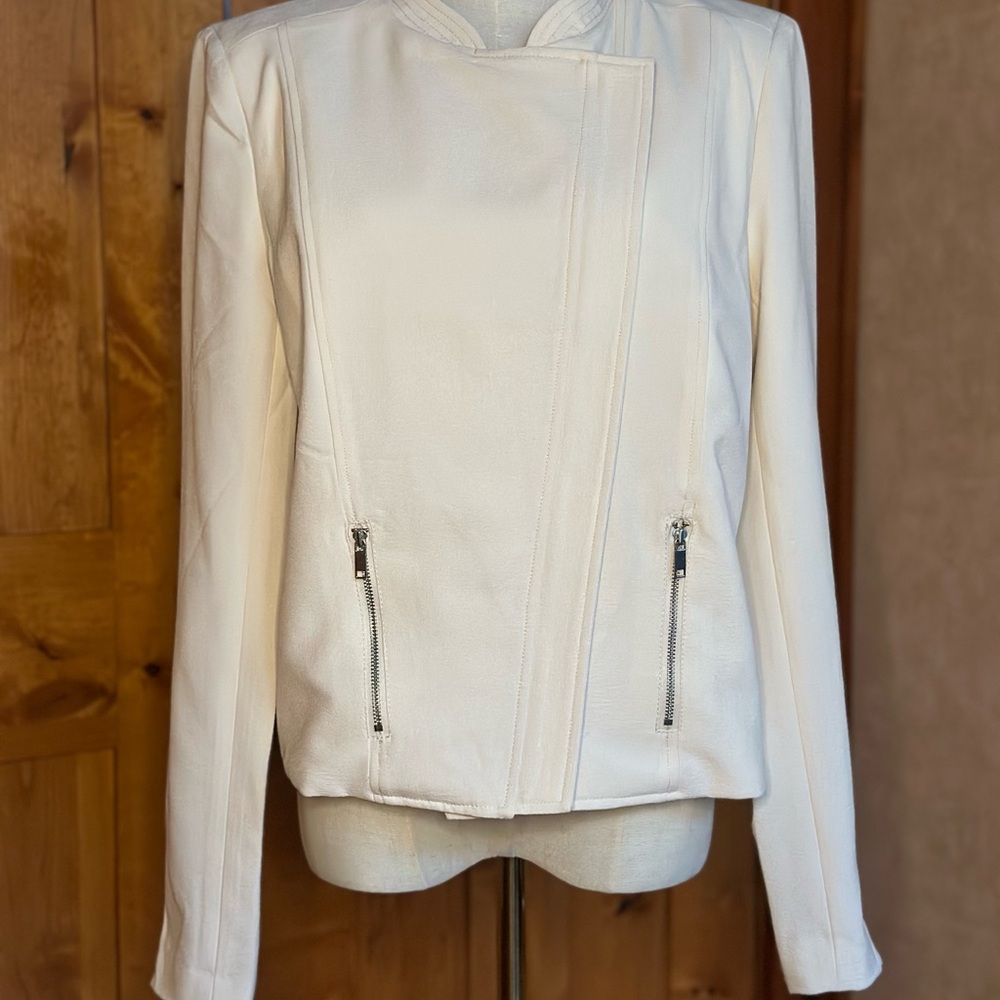 Harve Benard Ivory Asymmetrical  Jacket with Zip Pockets